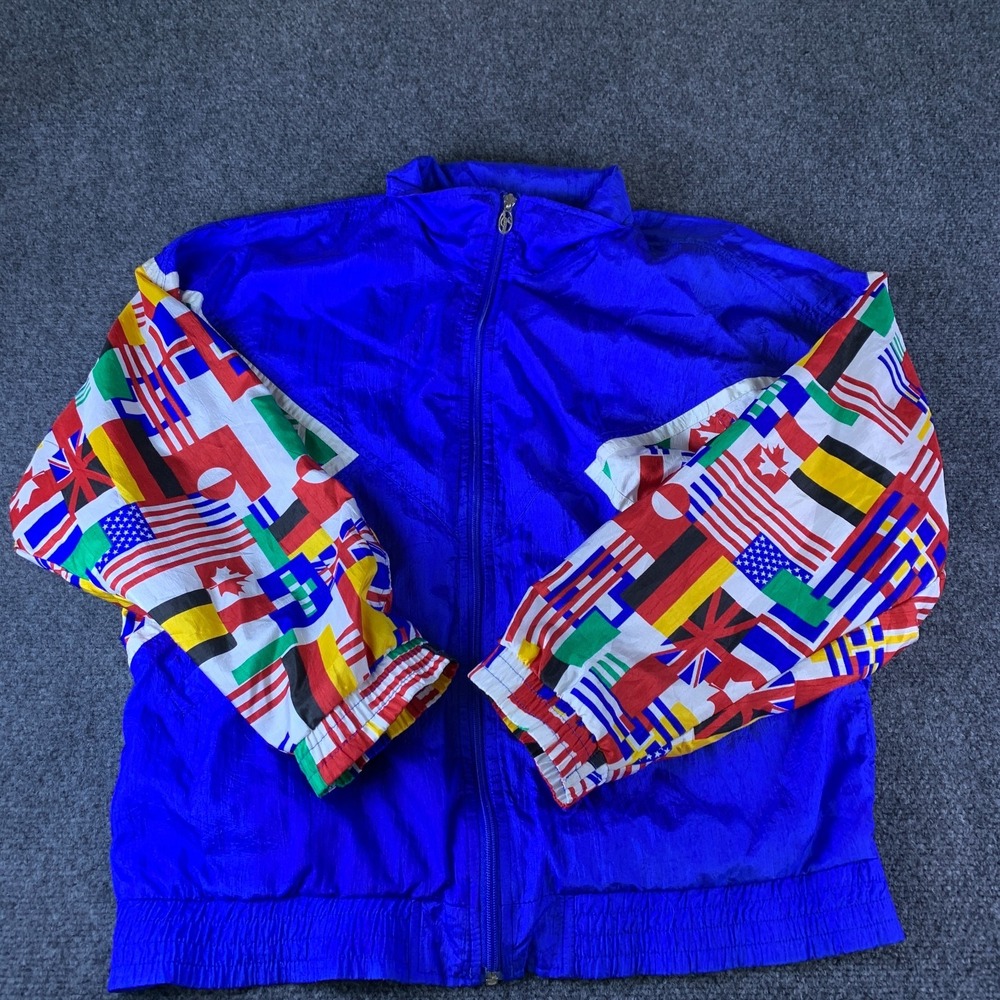 Vintage Lavon by Cheerful Corp Windbreaker Jacket Women's Large Blue Flag Print